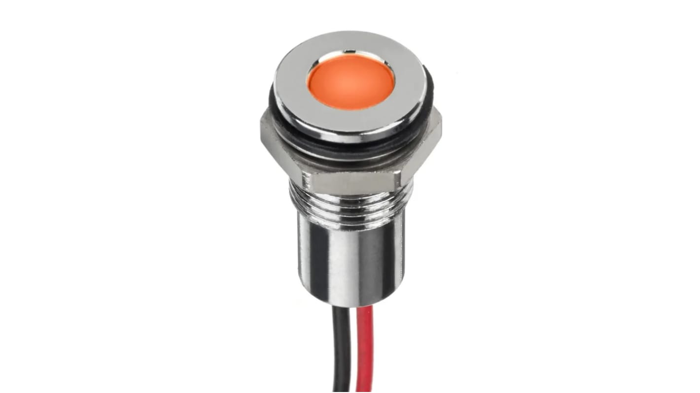 RS PRO Orange Panel Mount Indicator, 1,8 → 3,3V dc, 8mm Mounting Hole Size, Lead Wires Termination, IP67