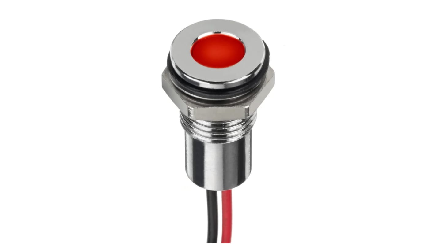 Indicador LED Circular RS PRO, Rojo, lente enrasada, marco Cromo, Ø montaje 8mm, 6V dc, 20mA, 8mcd, IP67