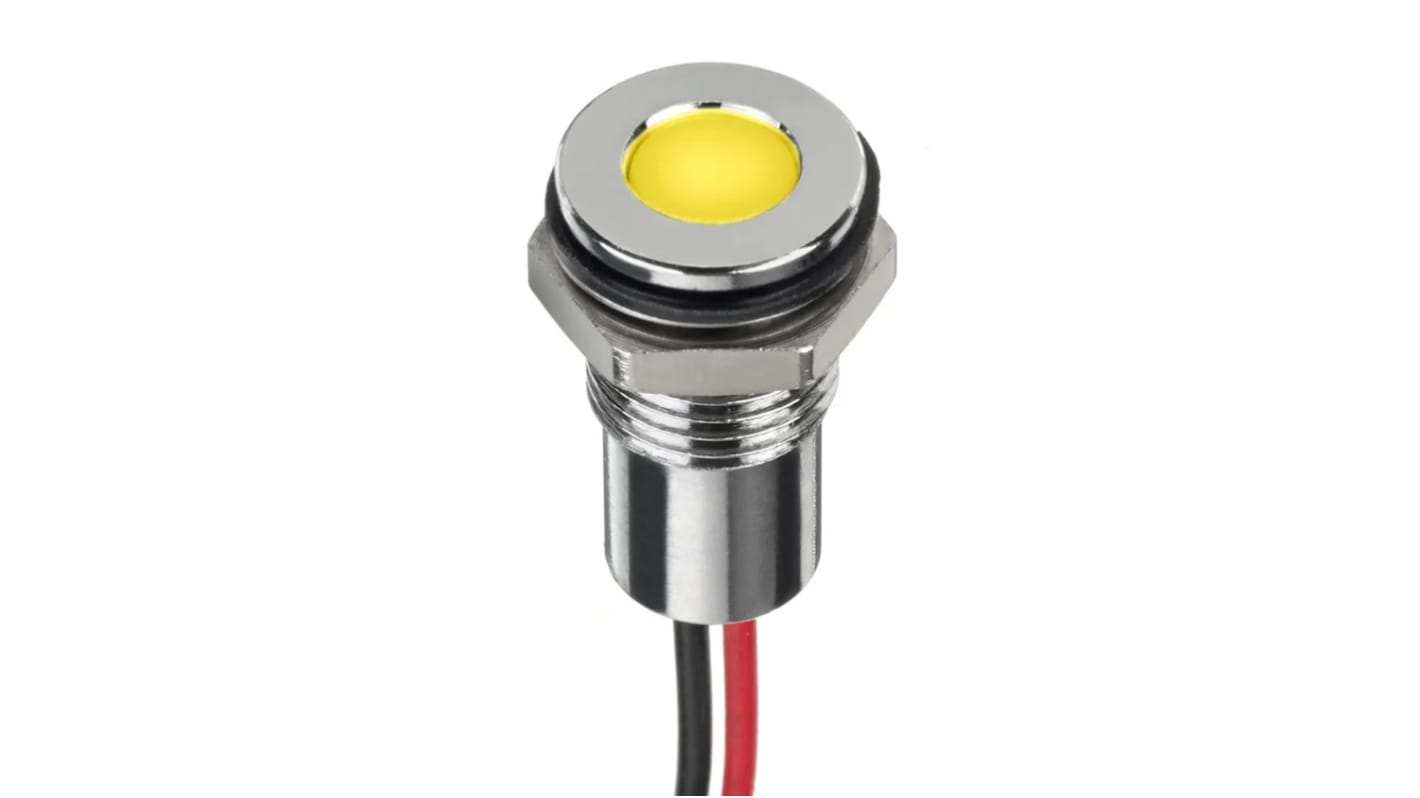 Indicador LED Circular RS PRO, Amarillo, lente enrasada, marco Cromo, Ø montaje 8mm, 12V dc, 20mA, 6mcd, IP67