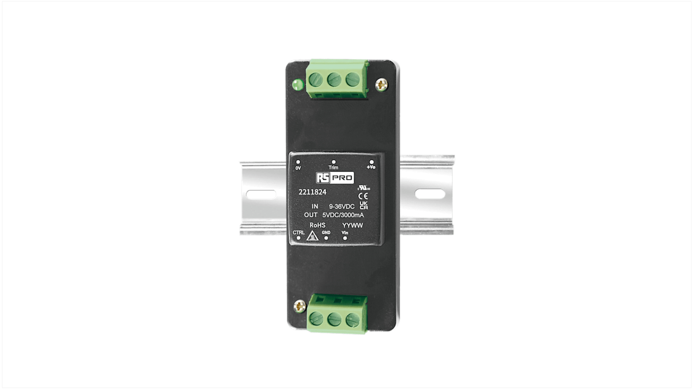 RS PRO Switched Mode DIN Rail Power Supply, 9 → 36V dc dc Input, 5V dc dc Output, 3A Output, 15W