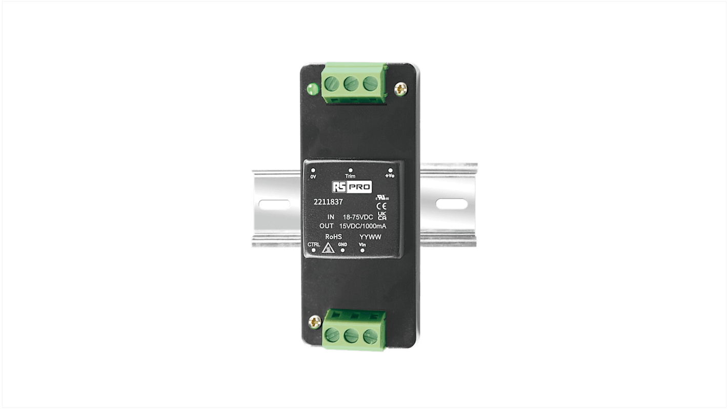 RS PRO Switched Mode DIN Rail Power Supply, 18 → 75V dc dc Input, 15V dc dc Output, 1A Output, 15W