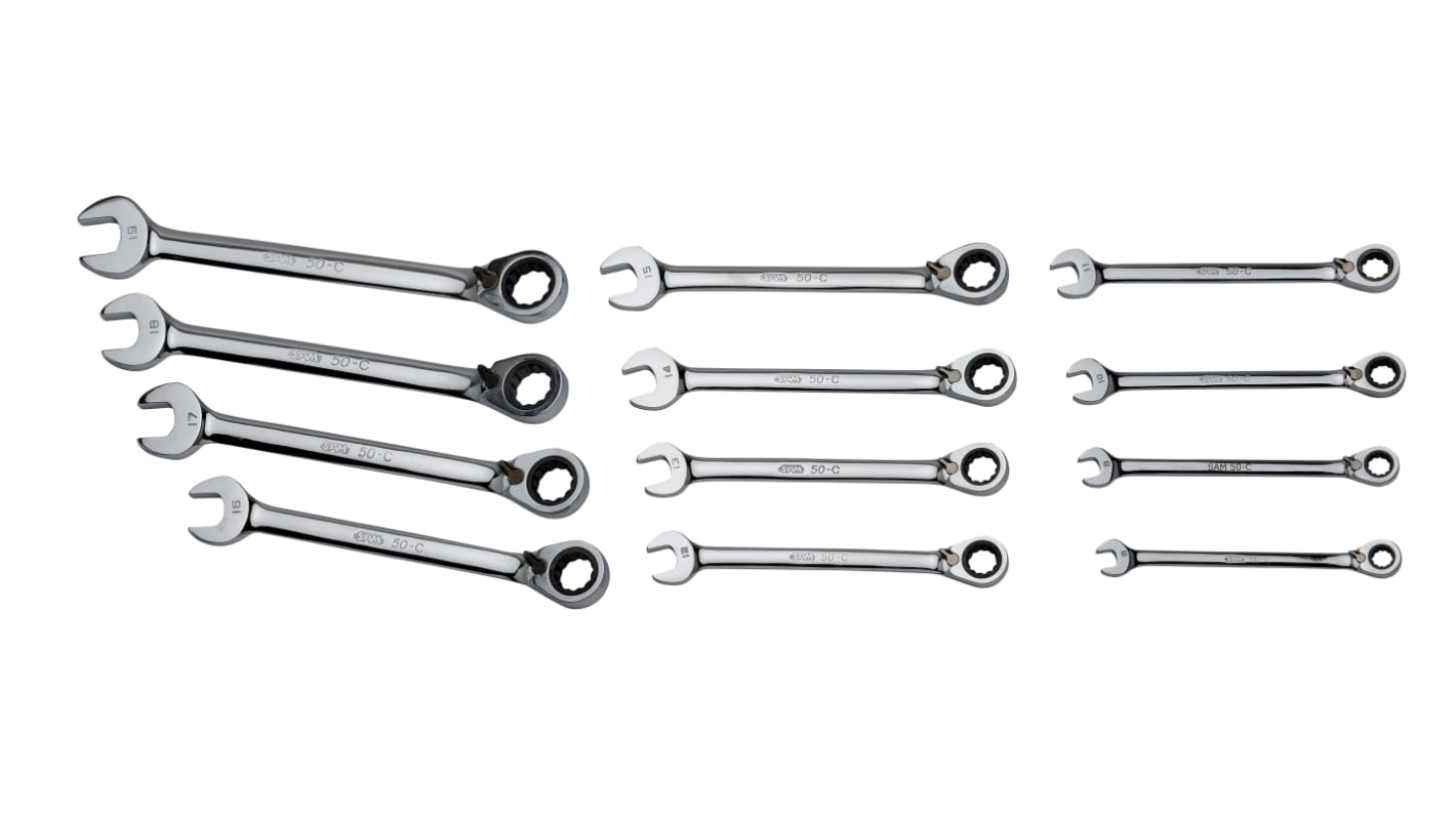 SAM 11-Piece Combination Ratchet Spanner Set, 8 → 19 mm, Chrome Vanadium Steel