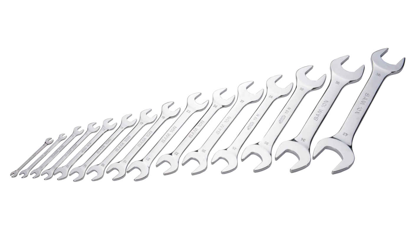 SAM 15-Piece Open Ended Spanner Set, 4 x 5 → 38 x 42 mm, 4 x 5 → 38 x 42 mm, Chrome Vanadium Steel