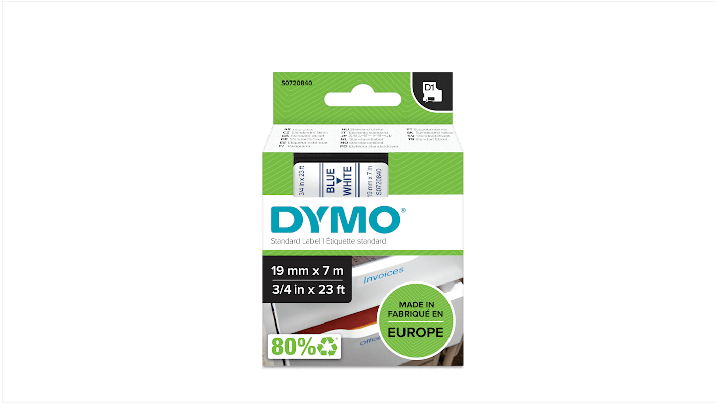 Dymo Blue on White Label Printer Tape, 7 m Length, 19 mm Width