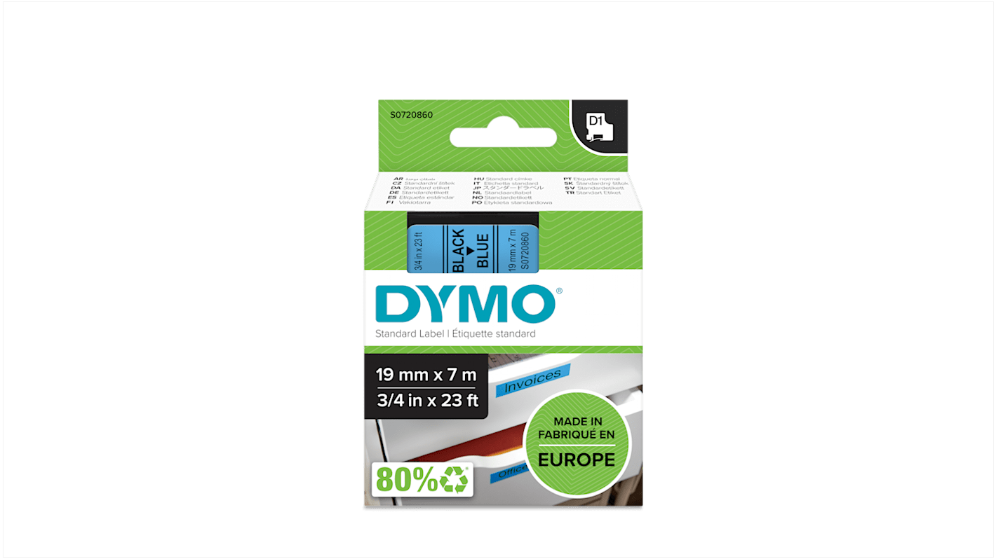 Dymo Black on Blue Label Printer Tape, 7 m Length, 19 mm Width