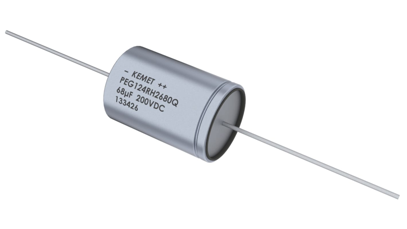 Condensador electrolítico KEMET serie PEG124, 470μF, -10 → +30%, 25V dc, Axial, Orificio pasante, 13 x 32mm