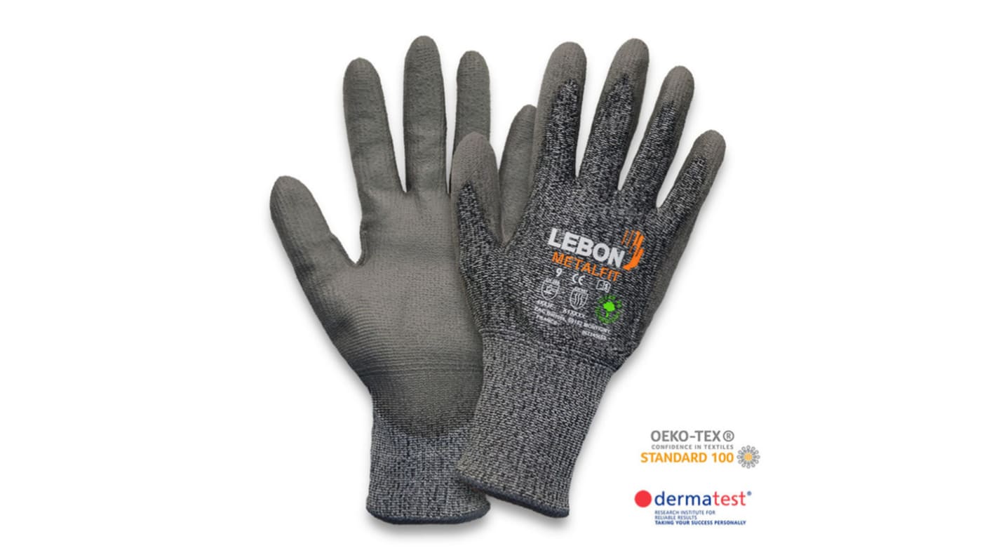 Lebon Protection METALFIT Grey HPPE Cut Resistant Cut Resistant Gloves, Size 9, Large, Polyurethane Coating