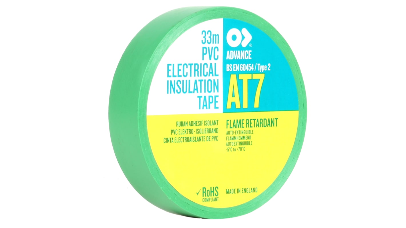 Cinta aislante de PVC Advance Tapes AT7 de color Verde, 19mm x 33m, grosor 0.13mm