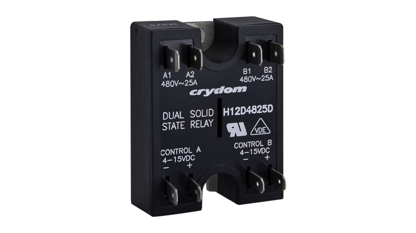 Relé de estado sólido Sensata / Crydom, control 4 → 15 Vdc, carga 24 → 280V ac, 25 A máx., montaje en PCB