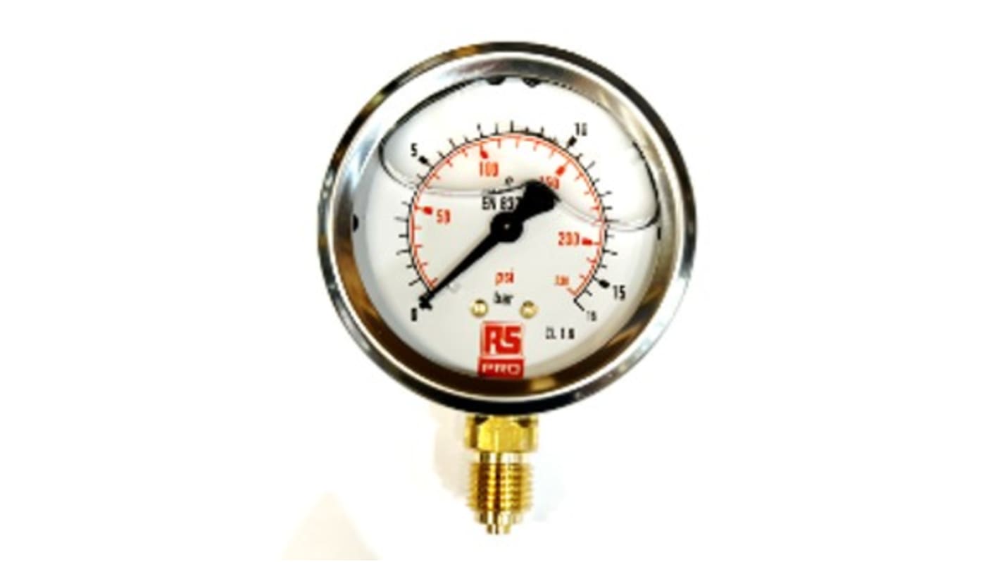 RS PRO G 1/4 Bottom Entry Pressure Gauge 16bar, 0bar min. RS