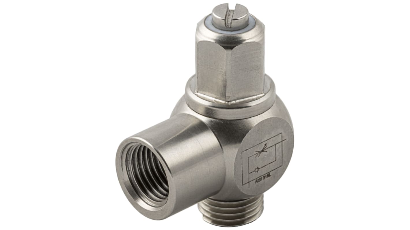 RS PRO 66070 Series Threaded Flow Regulator, 1/8 in Male Inlet Port, 1/8in Tube Inlet Port x 1/8 in Female Outlet Port