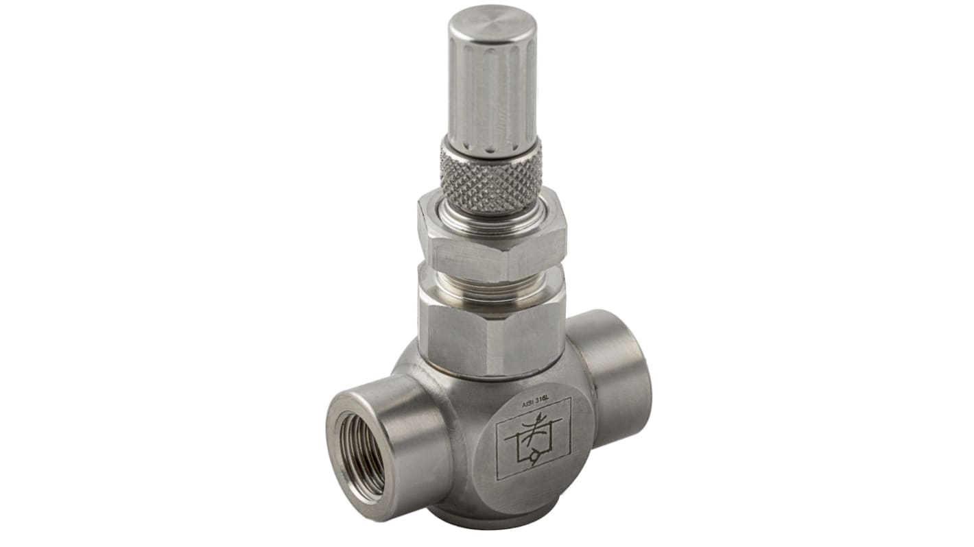 RS PRO 66085 Series Threaded Flow Regulator, 1/4 in Female Inlet Port, 1/4in Tube Inlet Port x 1/4 in Female Outlet Port