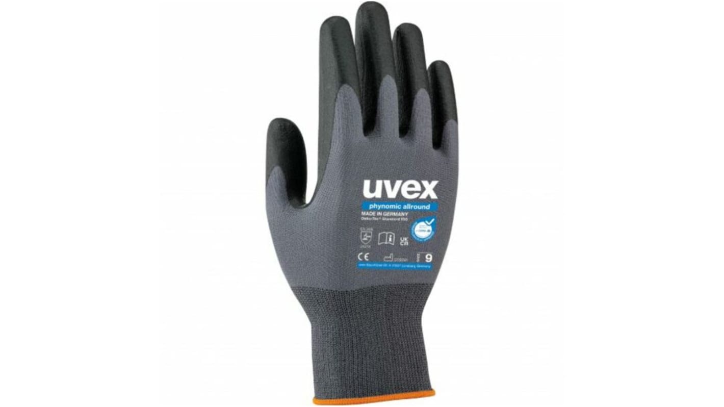 Uvex Phynomic Allround Grey Elastane, Polyamide Work Gloves, Size 9, Large, Aqua-Polymer Foam Coating