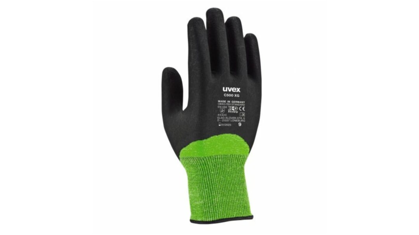 Guantes de trabajo de HPPE Verde Uvex serie C500, talla 9, con recubrimiento de Polímero de agua