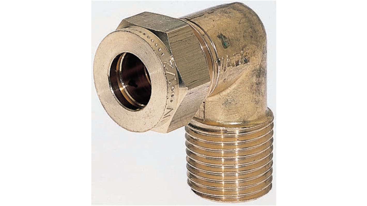 Wade Brass Pipe Fitting, 90° Compression Equal Elbow, Male R 1/4in to Female 1/4in