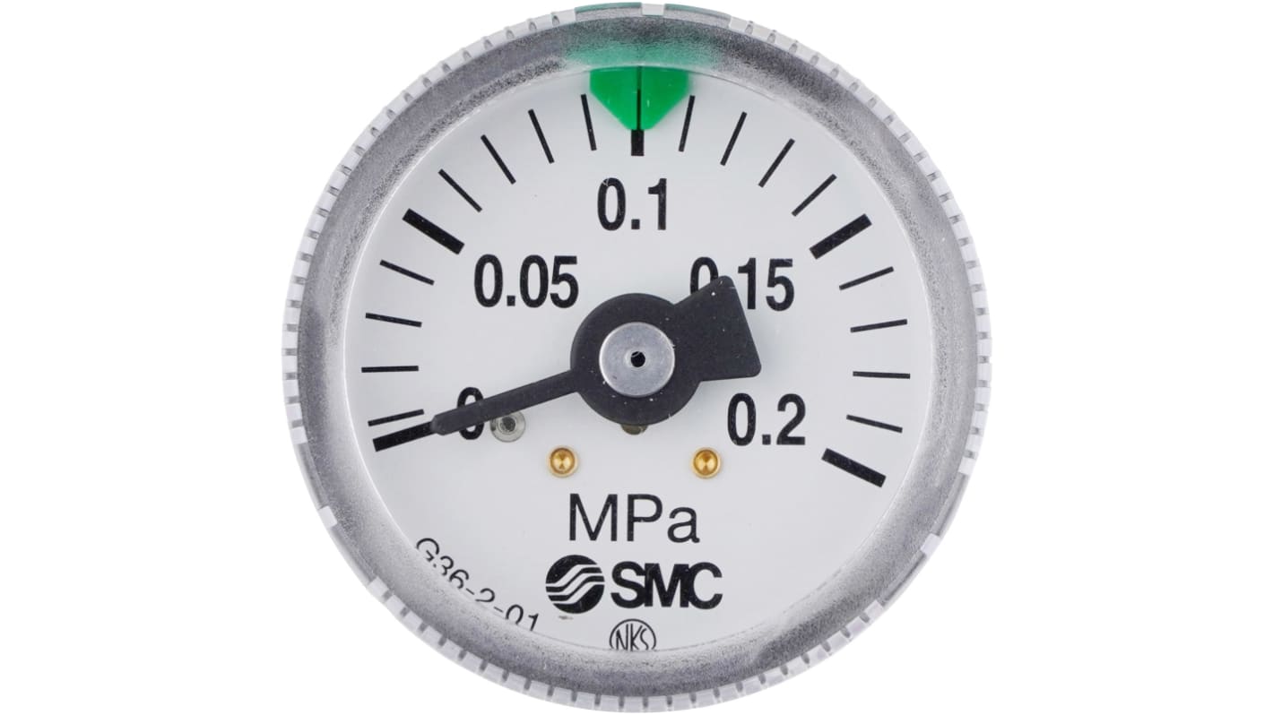 SMC R 1/8 Analogue Pressure Gauge 2bar Back Entry, G36-2-01, 0bar min.