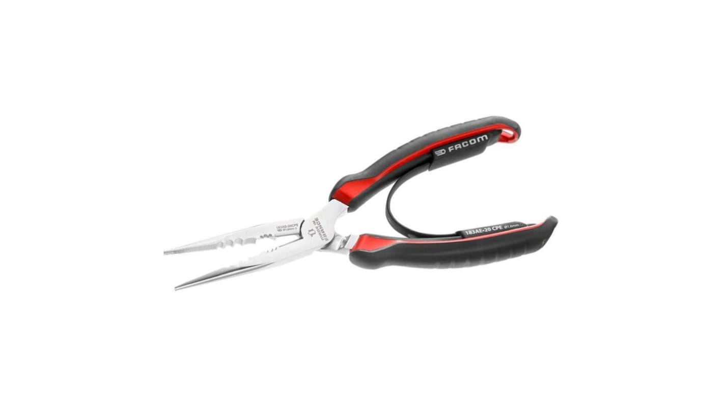 Facom Long Nose Pliers, 200 mm Overall, Straight Tip