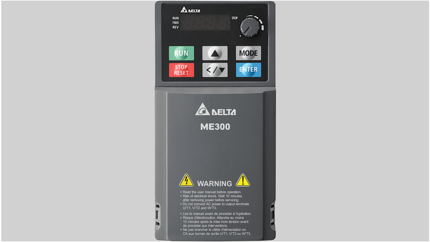 Variador de frecuencia Delta Electronics serie VFD-ME, 0,4 kW, 460 V, 3 fases, 1,5 A, 0 → 599Hz, IP20, Modbus