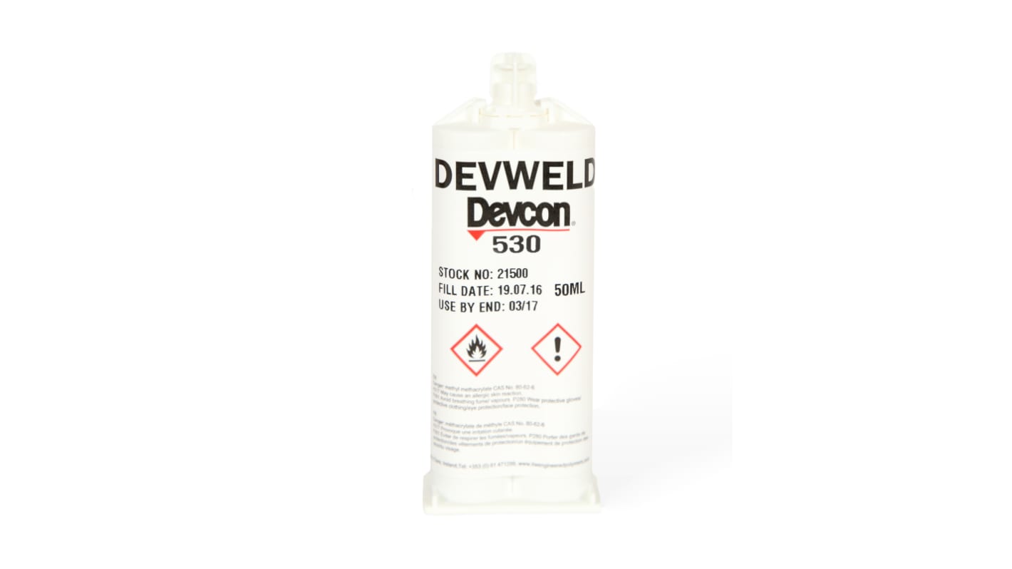 Adhesivo acrílico ITW Devcon Devweld 530 de color Blanco, Cartucho doble de 50 ml, curado en 24 h.