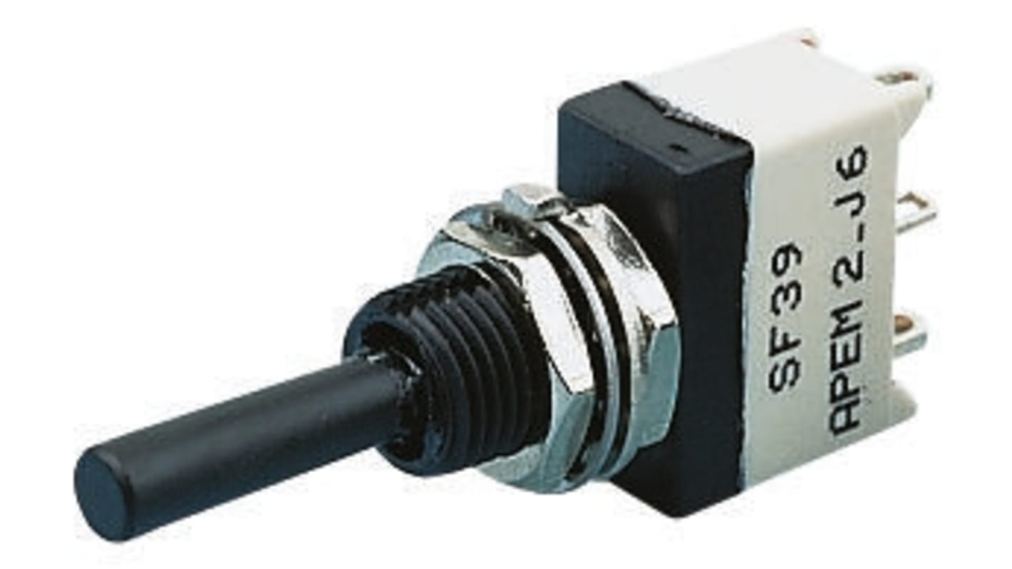 APEM Toggle Switch, Panel Mount, On-On, SPST, Solder Terminal