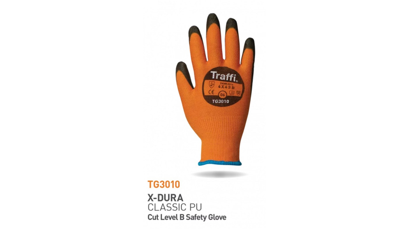 Traffi Black, Orange Elastane, HPPE, Polyamide Abrasion Resistant, Breathable, Cut Resistant, Dry Environment, General