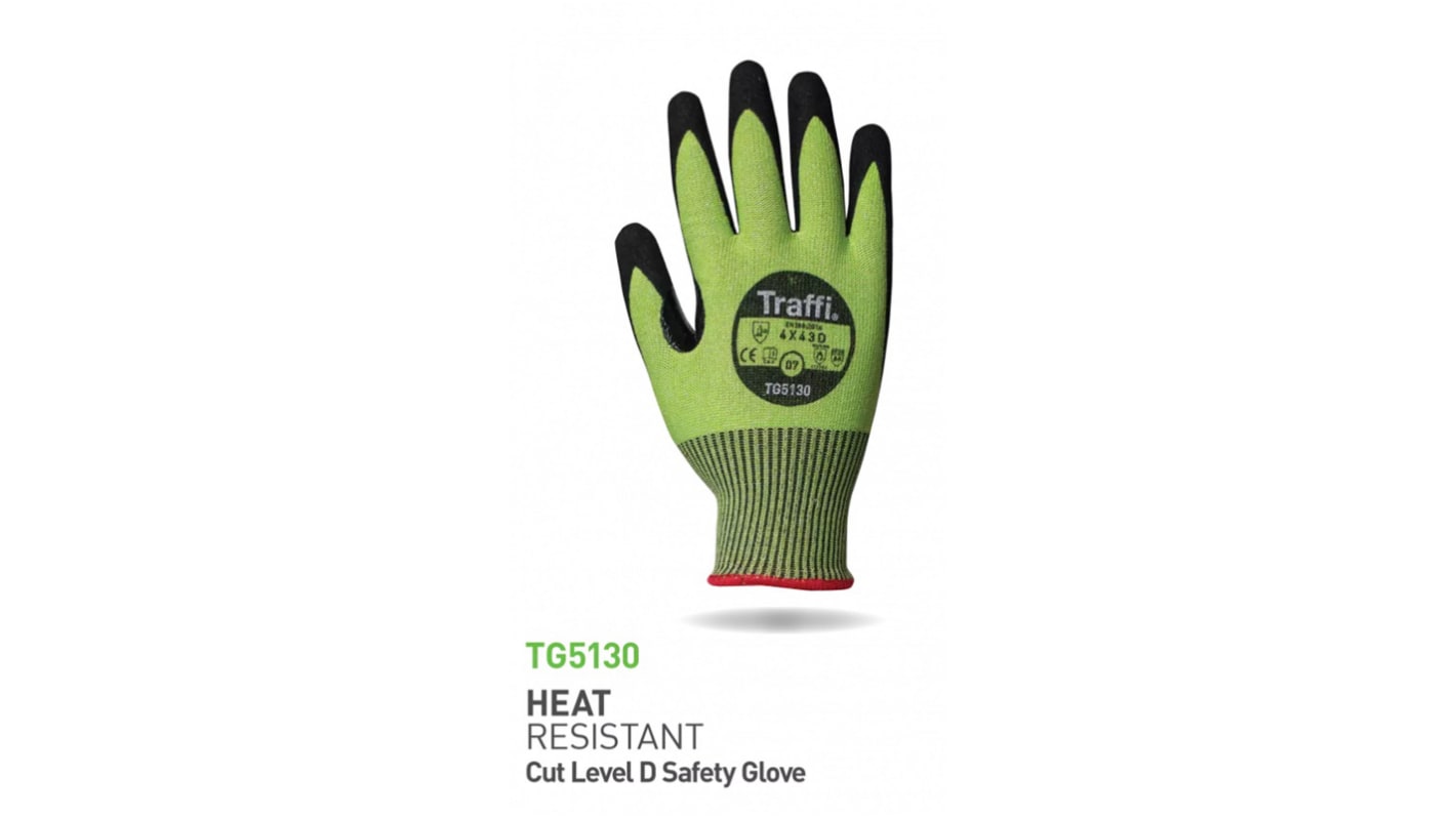 Guantes impermeables al aceite de Aramida, Elastano, Fibra de vidrio, Poliéster Negro, verde Traffi, talla 10, con