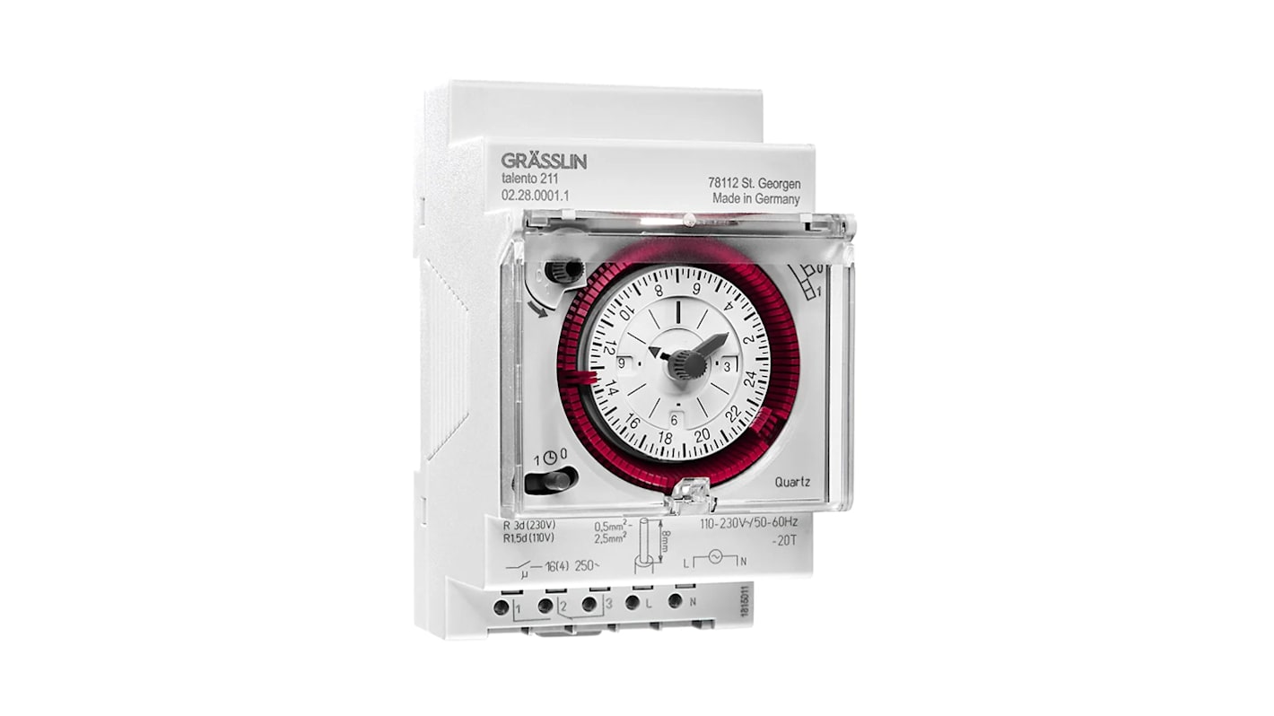 Grasslin DIN Skinne, tænd-og-sluk ur, , analog, 110 → 230 V ac, Timer