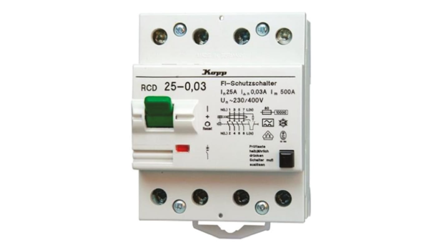 Interruptor RCD, 4 Polos, 25 A, Instantáneo, Disparo 300mA, Carril DIN