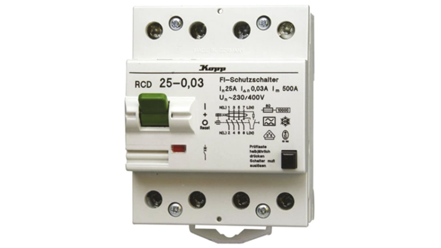 Interruptor RCD, 4 Polos, 25 A, Instantáneo, Disparo 500mA, Carril DIN