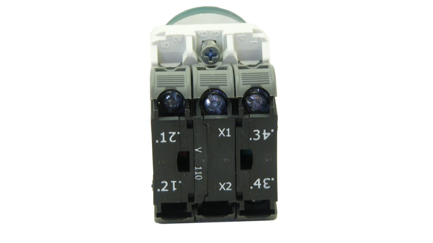 Unidad completa de botón pulsador RS PRO, color de botón Verde, 1 NA + 1 NC, iluminado, 110V