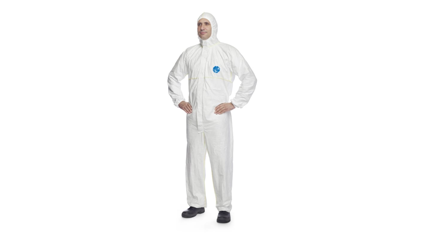 Mono desechable Unisex DuPont de color Blanco, talla M, propiedades: Resistente a la abrasión, Resistencia al