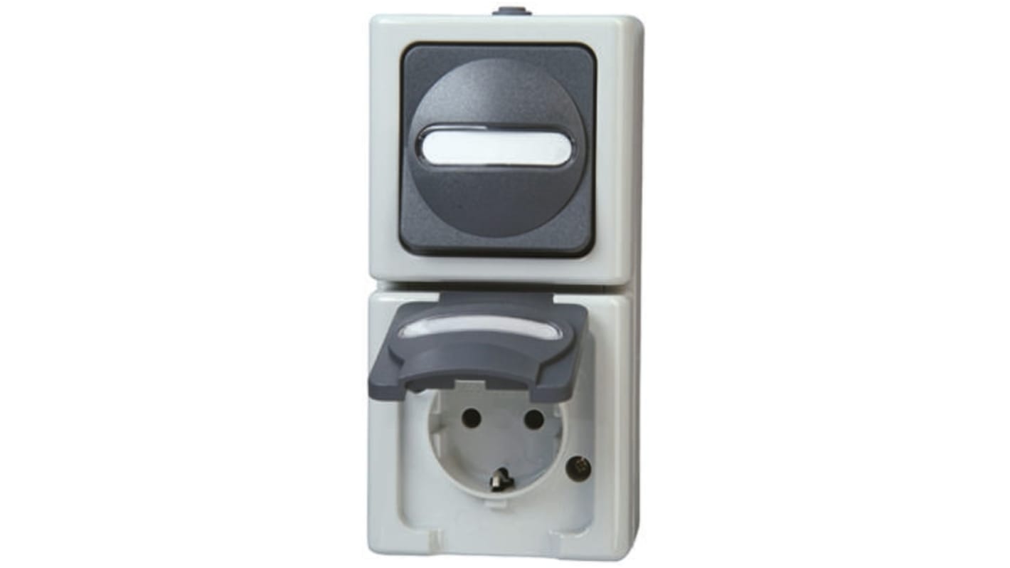 Kopp Grey 2 Gang Plug Socket, 16A, Type F - German Schuko, Outdoor Use