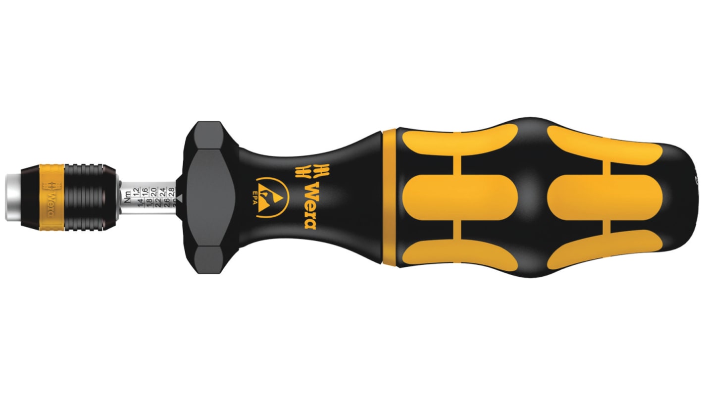 Wera Adjustable Torque Screwdriver, 0.3 → 1.2Nm, 1/4 in Drive, ESD Safe, ±6 % Accuracy - With RS Calibration
