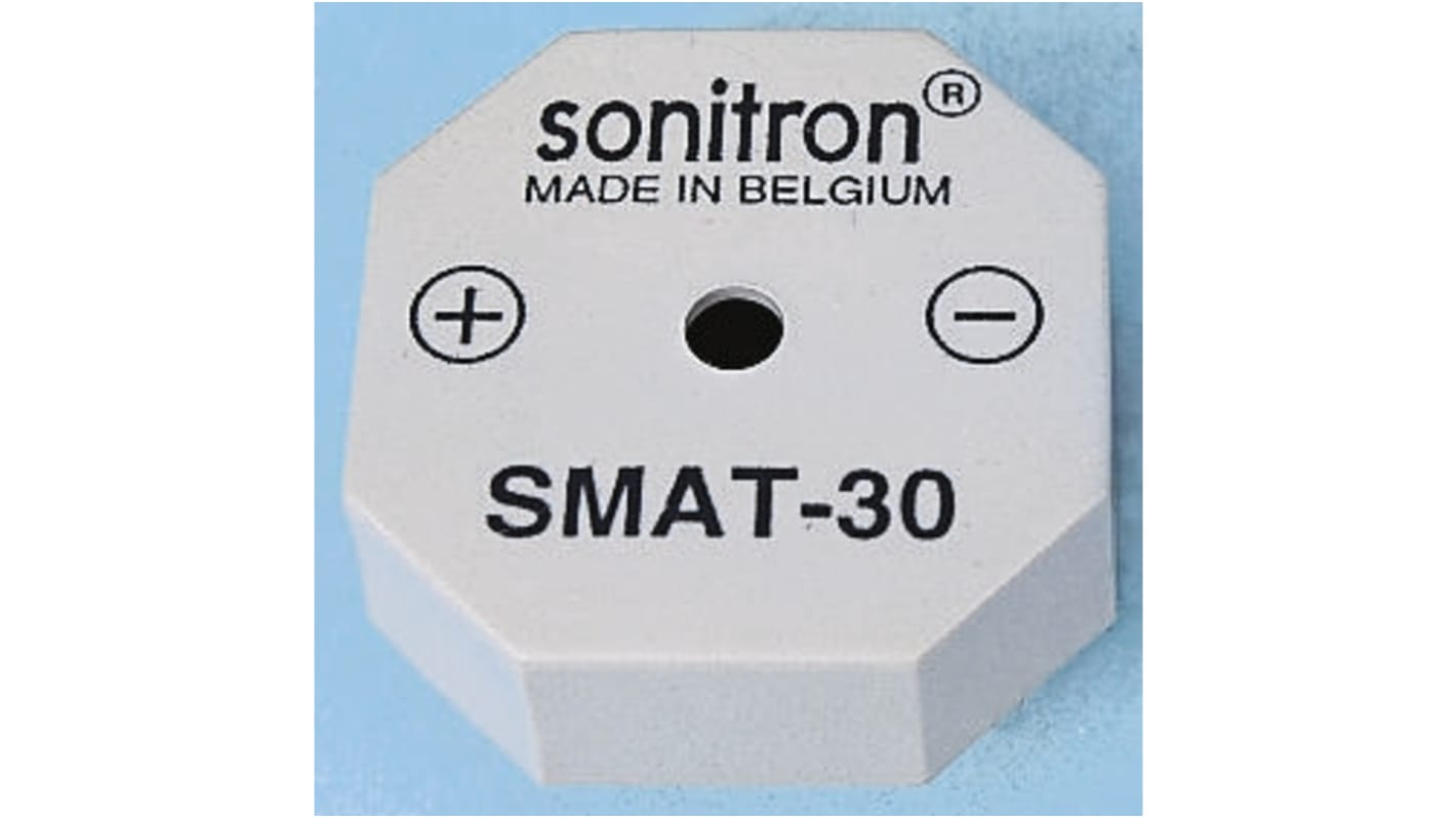 Sonitron 90dB Through Hole Continuous External Piezo Buzzer, 24 x 24 x 15.5mm, 0V ac Min, 30V ac Max