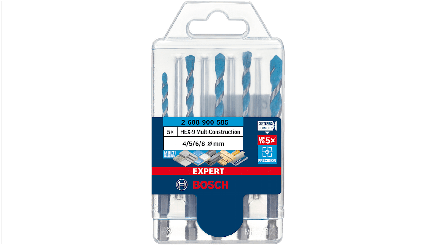 Bosch 5-Piece Masonry Drill Bit, Metal Drill Bit, Wood Drill Bit Set for Multi-Material, 8mm Max, 4mm Min, Tungsten