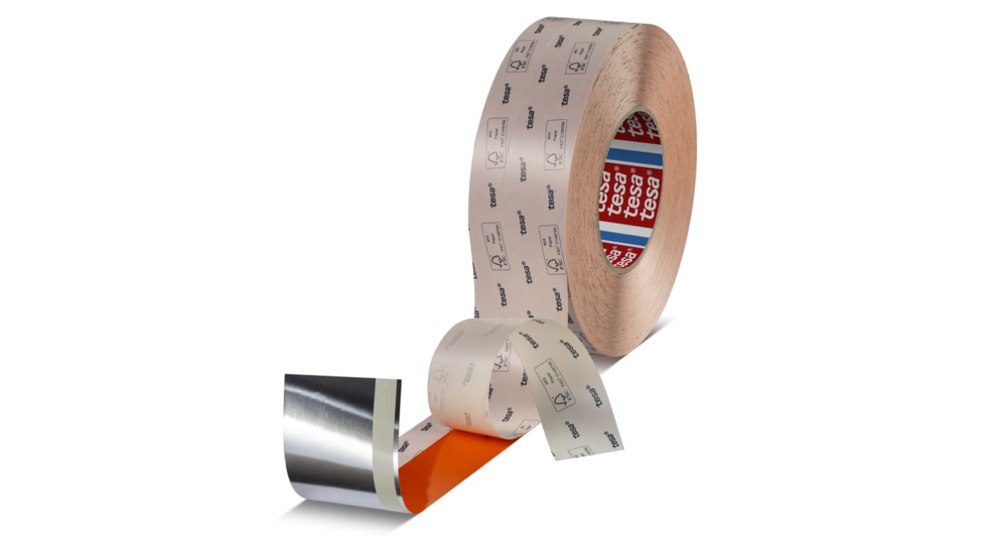 Tesa 51786 Orange, Silver Double Sided Paper Tape, 110 Thick, 0 N/cm, Aluminised Paper Backing, 38mm x 50m