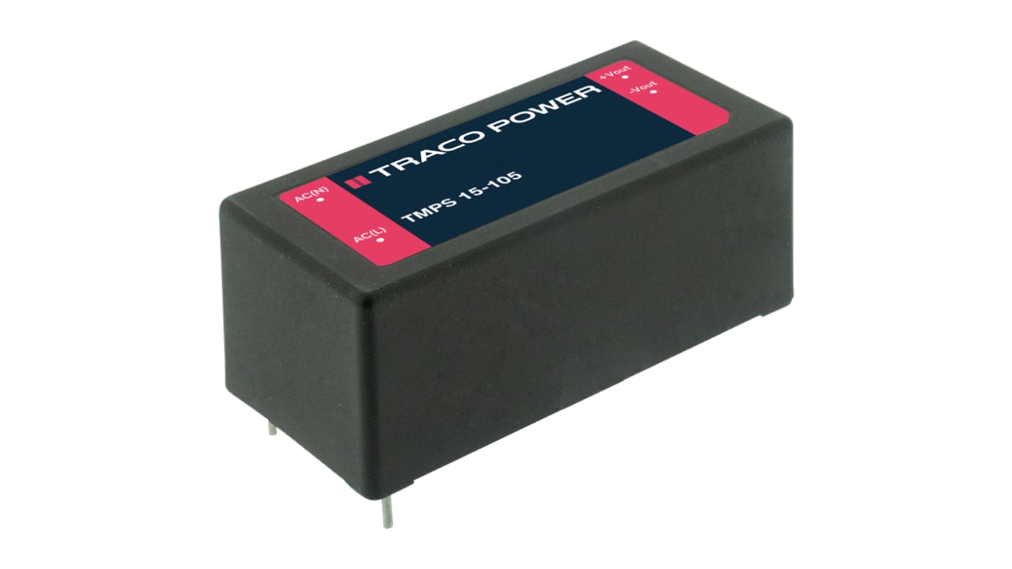 TRACOPOWER Power Supply, TMPS 15-112, 12V dc, 1.25A, 15W, 1 Output, 85 → 264V ac Input Voltage