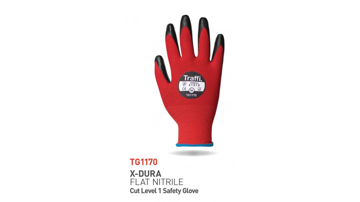 Traffi Red Nitrile, Nylon Cut Resistant Cut Resistant Gloves, Size 9, Large, Nitrile Coating