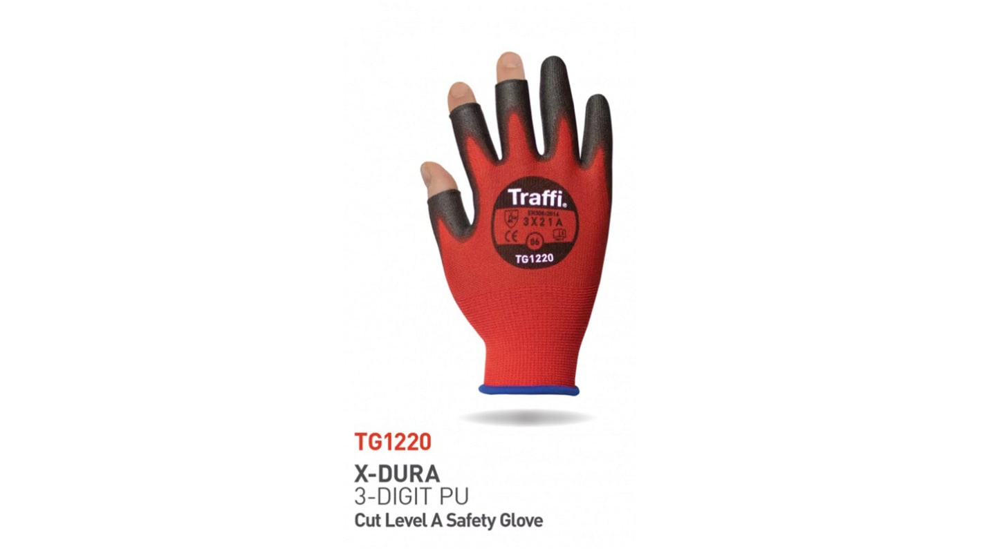 Guantes resistentes a cortes de Polietileno Rojo Traffi, talla 10, con recubrimiento de Poliuretano