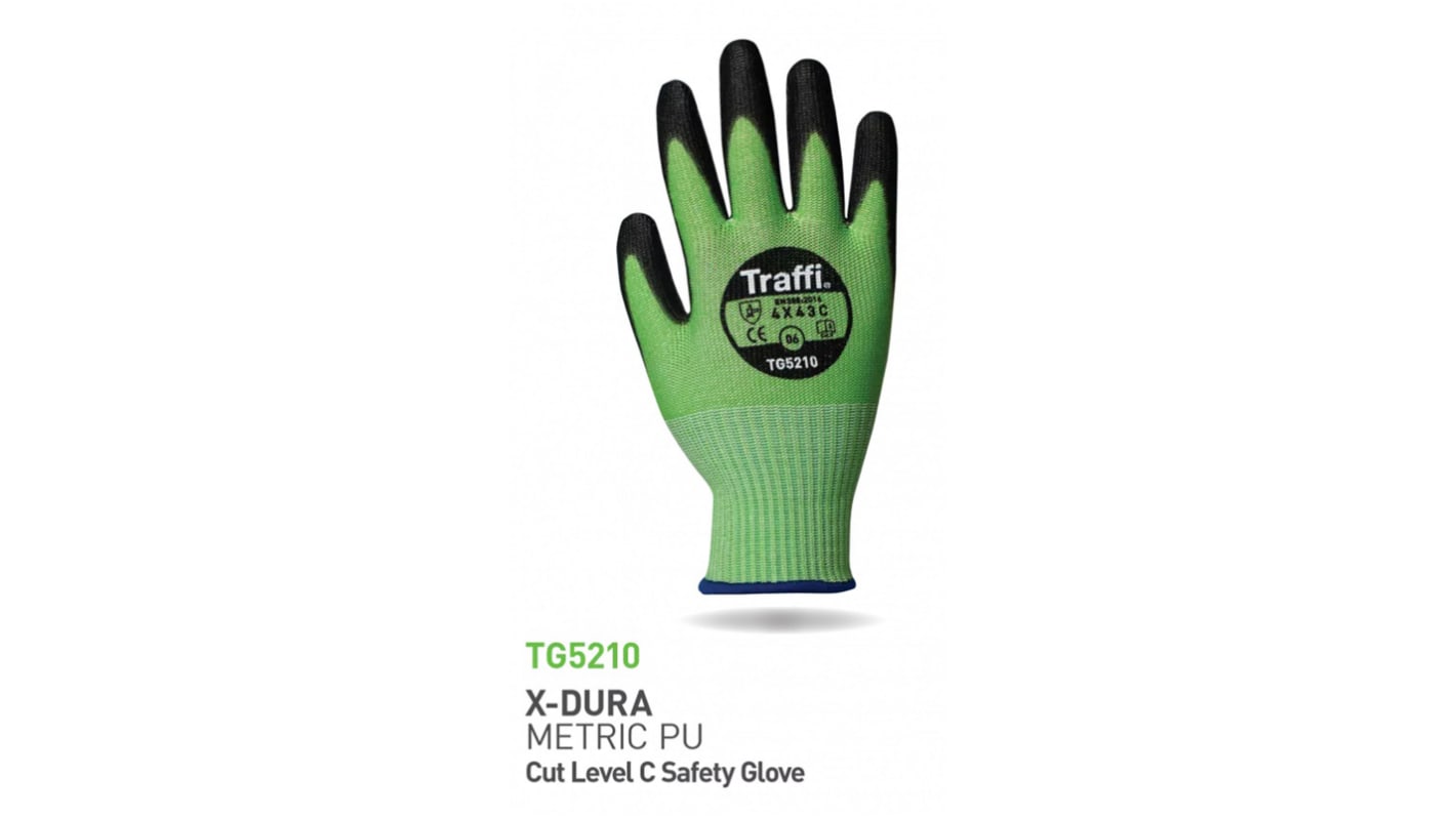 Traffi Green Cut Resistant Cut Resistant Gloves, Size 9, Polyurethane Coating