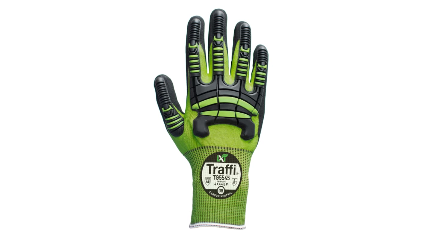 Traffi TG5545 Green Elastane, HPPE, Polyamide, Polyester, Steel Cut Resistant Cut Resistant Gloves, Size 10, XL,