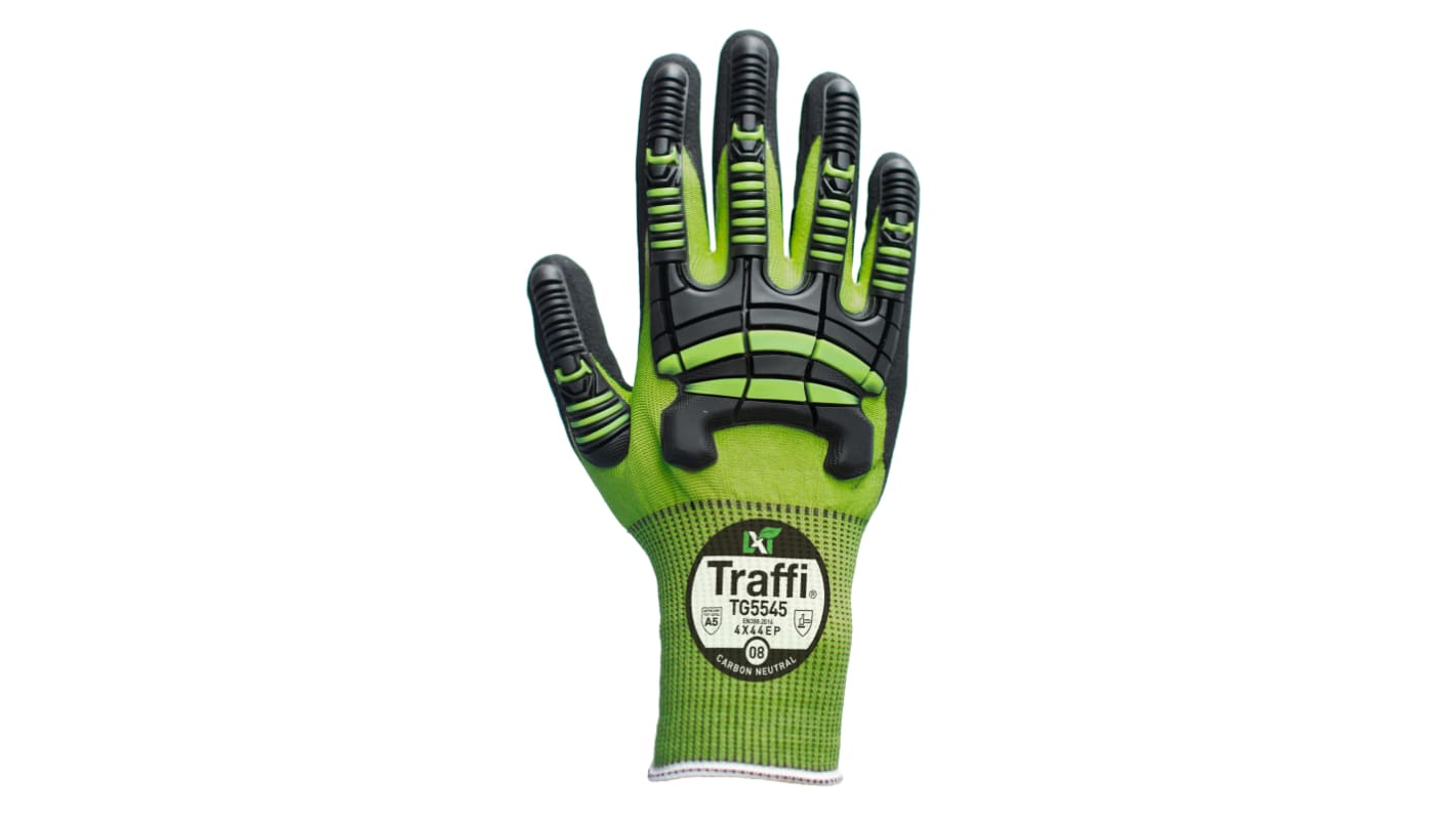 Traffi TG5545 Green Elastane, HPPE, Polyamide, Polyester, Steel Cut Resistant Cut Resistant Gloves, Size 11, XXL,