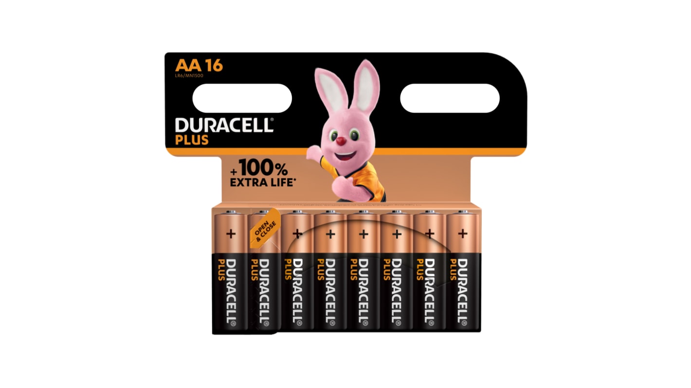 Pila AA Alcalina, dióxido de manganeso, Duracell Plus, 1.5V, terminal plano