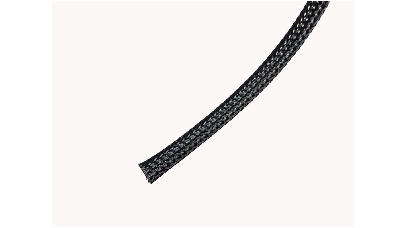 RS PRO Expandable Braided PET Black Cable Sleeve, 8mm Diameter, 100m Length