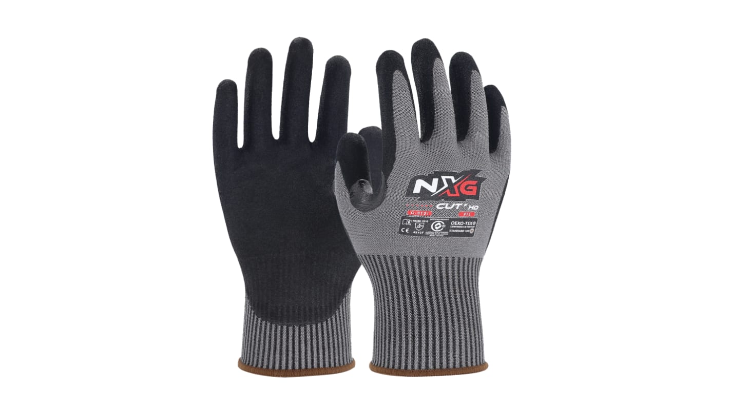 NXG Cut F HD Black Basalt, HPPE, Nitrile, Polyester, Spandex, Steel Cut Resistant Work Gloves, Size 9, Large, Nitrile