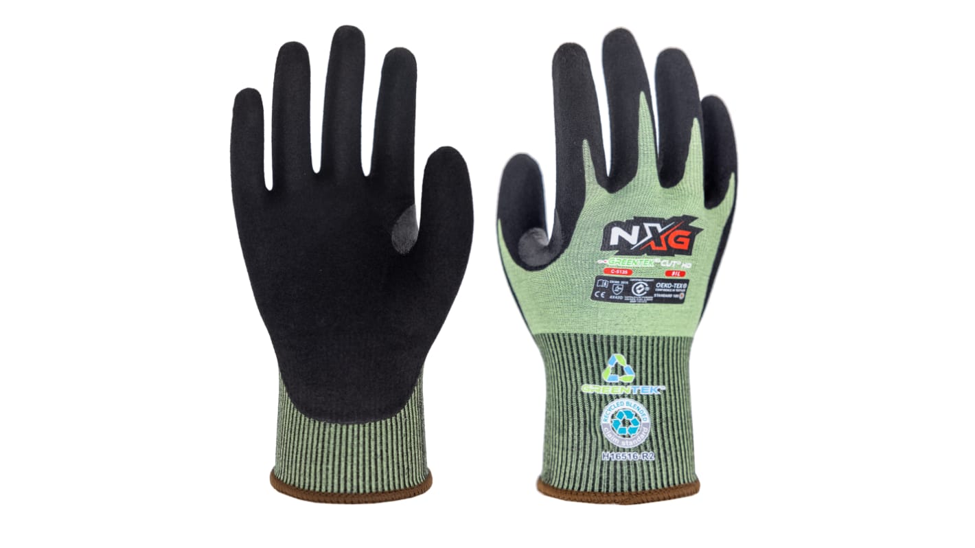 NXG GreenTek™ Cut D Lite Black HPPE, Nylon, Polyester Cut Resistant Work Gloves, Size 7, Nitrile Coating