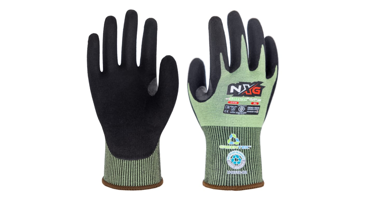 NXG GreenTek™ Cut D Lite Black HPPE, Nylon, Polyester Cut Resistant Work Gloves, Size 12, Nitrile Coating