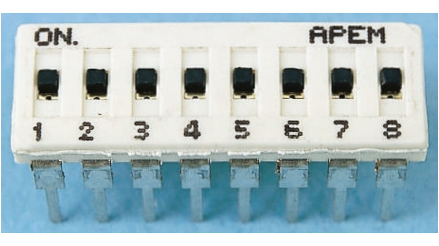 Apem PCB-Montage DIP-Schalter Gleiter 8-stellig, Kontakte vergoldet 100 mA @ 24 V dc, bis +100°C