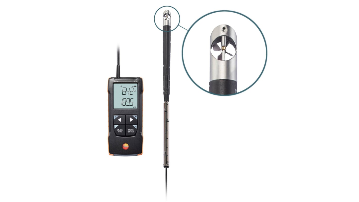 Testo 416 Telescopic Vane Anemometer, 40m/s Max, Measures Volume Air Flow