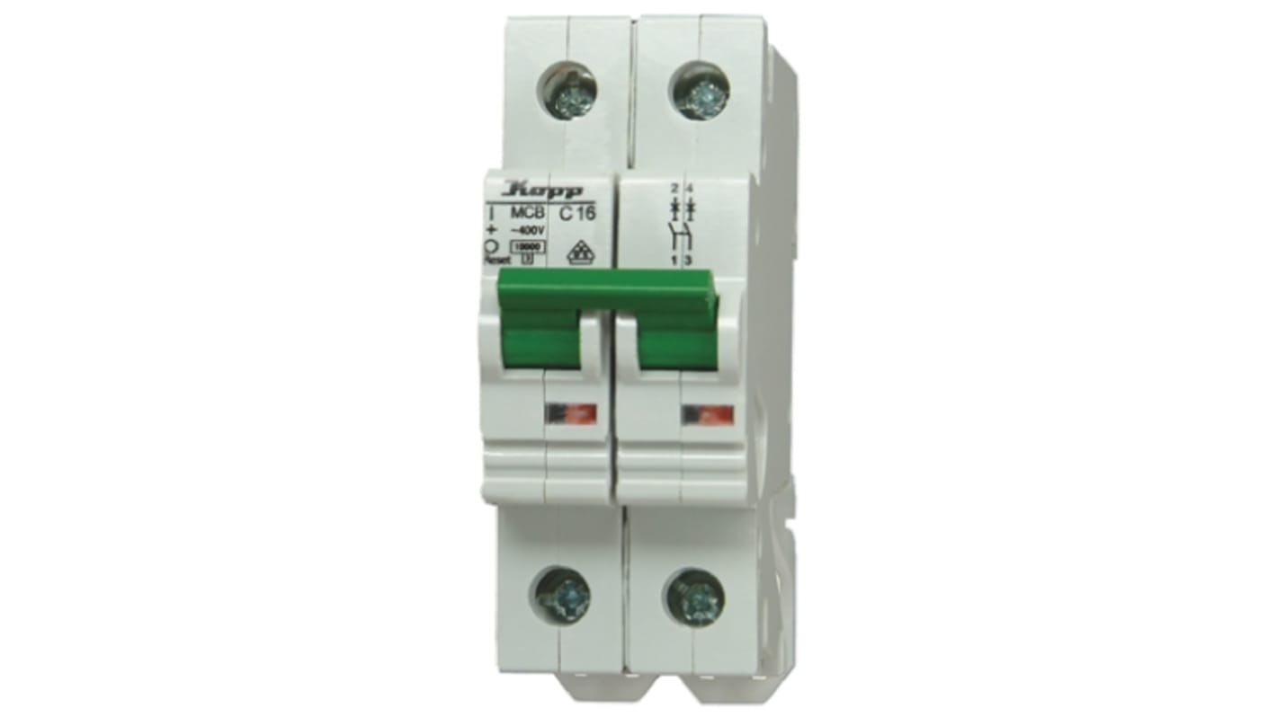 Kopp GREEN ELECTRIC MCB Mini Circuit Breaker, 2P, 10A Curve C, 230 → 400V AC, 60V DC, 10 kA Breaking Capacity